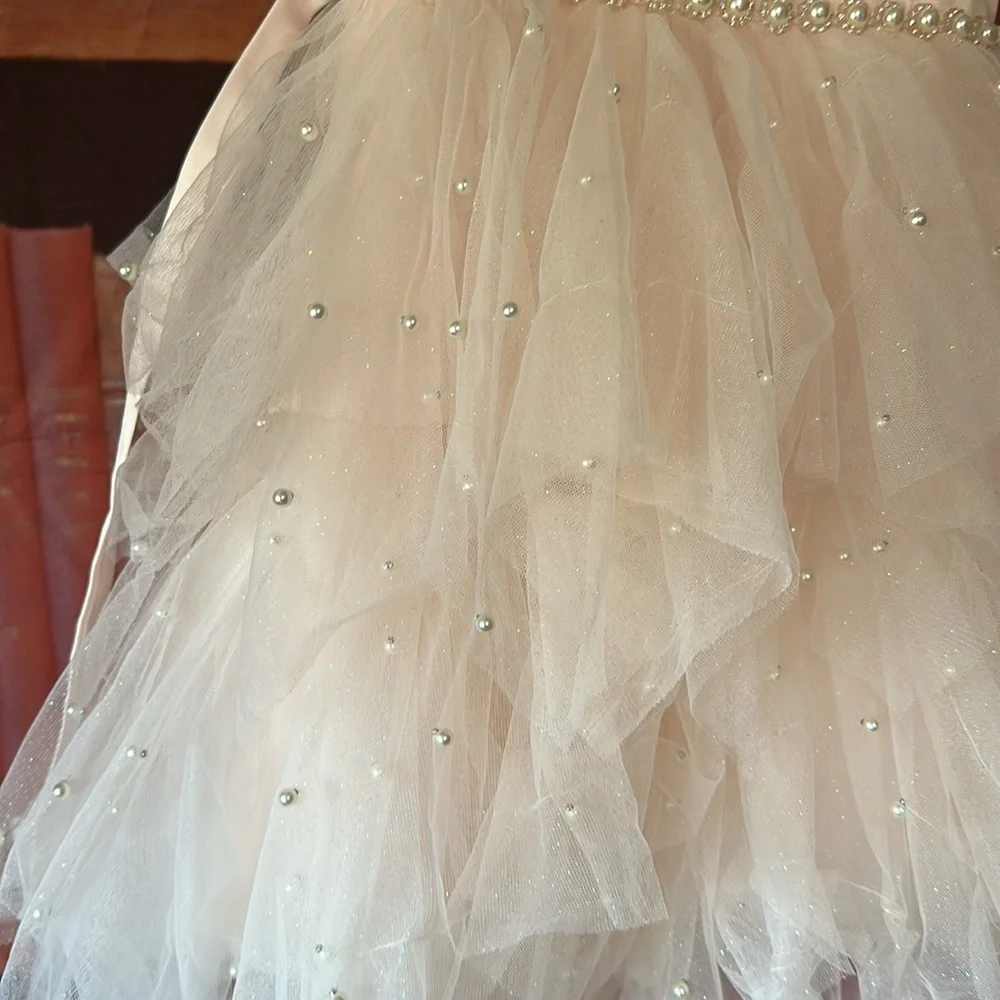 American Princess Blush Pink Tulle Flower Girl Dress Pearl Formal 4T